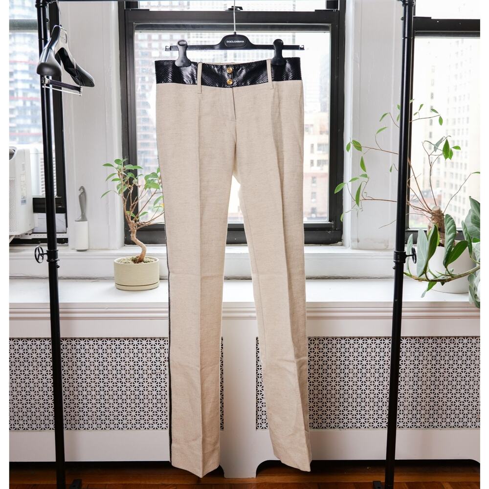 Dolce & Gabbana Vintage Beige Linen Black Snake Trim Tuxedo Pants (Size IT40)